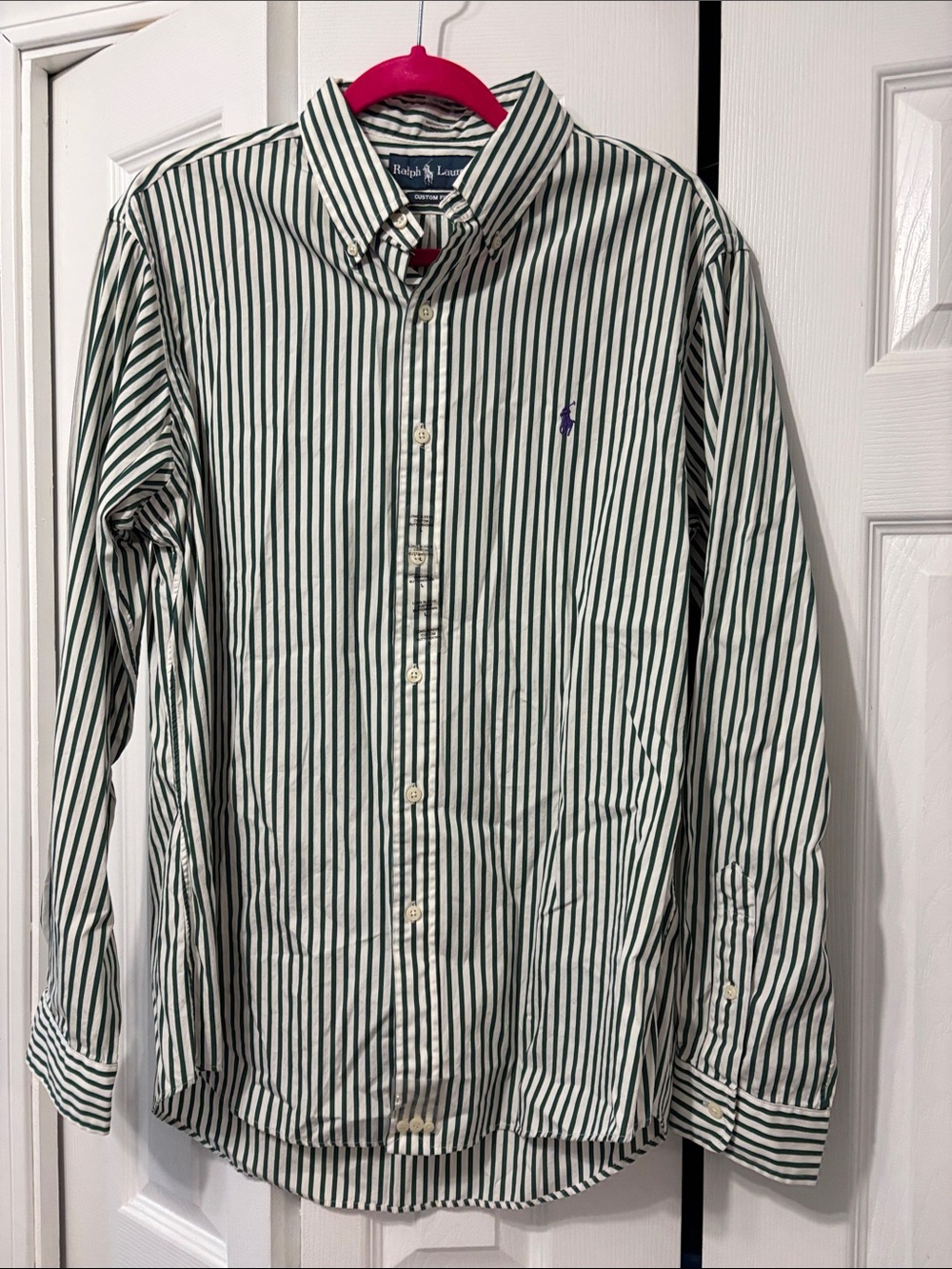 Ralph Lauren Green & White Vertical Stripe Button-Down Shirt size large